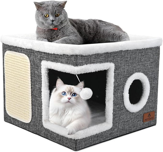 Cat Beds for Indoor Cats, Large Cat Cave Bed with Scratch Pad and Fluffy Ball, Foldable Cat Hideaway, Cat House with Reversible Cushion for Multi Small Pet Up to 30LBS, Grey by Unknown