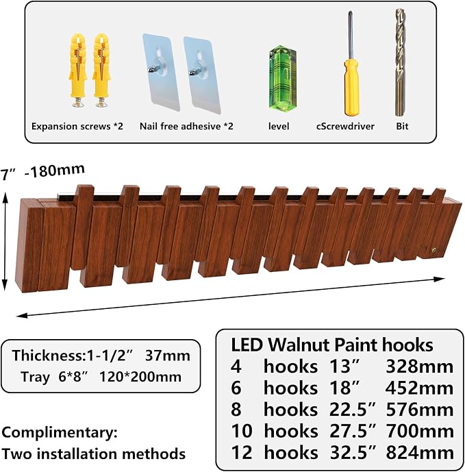 Wall Mounted Coat RackHooks Piano Key Hangers Natural Solid Wood Hanger Non-Woven Fabric Clothes Hangers for Closet, Kitchen, Bedroom, Bathroom, Entryway (Led Walnut, 6 Hooks) - Image 3