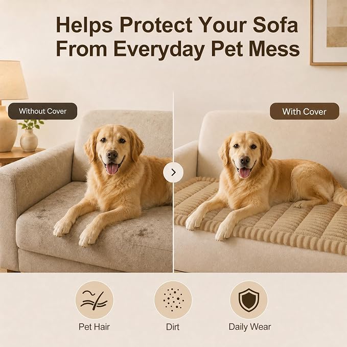 decorUhome Couch Cover for Dogs, Non Slip Fuzzy Thick Pet Sofa Protector | Pet Friendly, Machine Washable, Fits 4-Cushion Sofa, Protects Against Pet Hair, Scratches & Daily Messes, Camel, 27.6" x 88" - Image 5