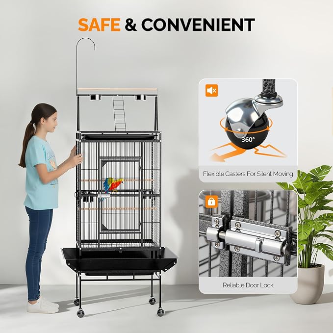 VINGLI 83 Inch Bird Cage with Play Top, Large Wrought Iron Bird Cage with Wheels, Rolling Parakeet Cage with Removable Tray for Cockatiels Lovebird Finches Canaries - Image 6
