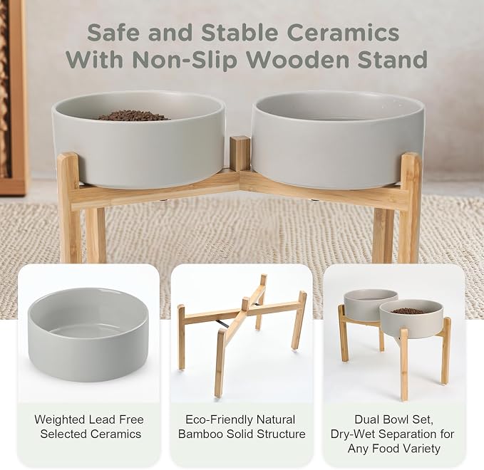 SPUNKYJUNKY Elevated Dog Bowls Ceramic, 8.3'' Dogs Food Water Bowls Raised with Non-Slip Bamboo Stand for Large Sized Breed Microwave Dishwasher Safe - 60 OZ,Grey - Image 6