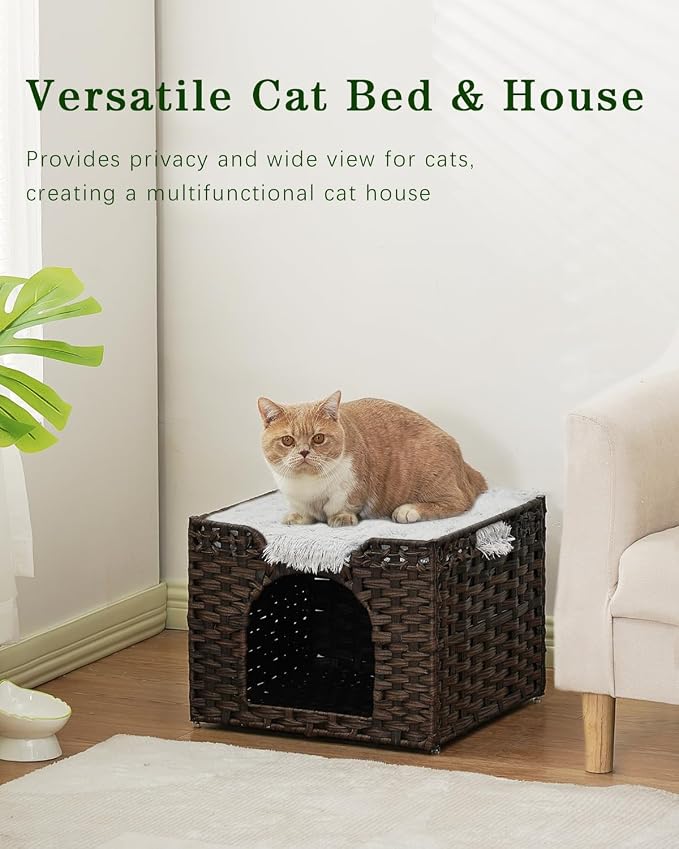 SETVSON Cat Beds Indoor Kitten House, Handwoven PE Rattan Cave, Brown | Double-Layer Rattan Pet Cube, Double-Sided Cushion Bed, Foldable Steel Frame, 2 S-Hooks, 16.5x16.5x13.2 In Hideaway - Image 7