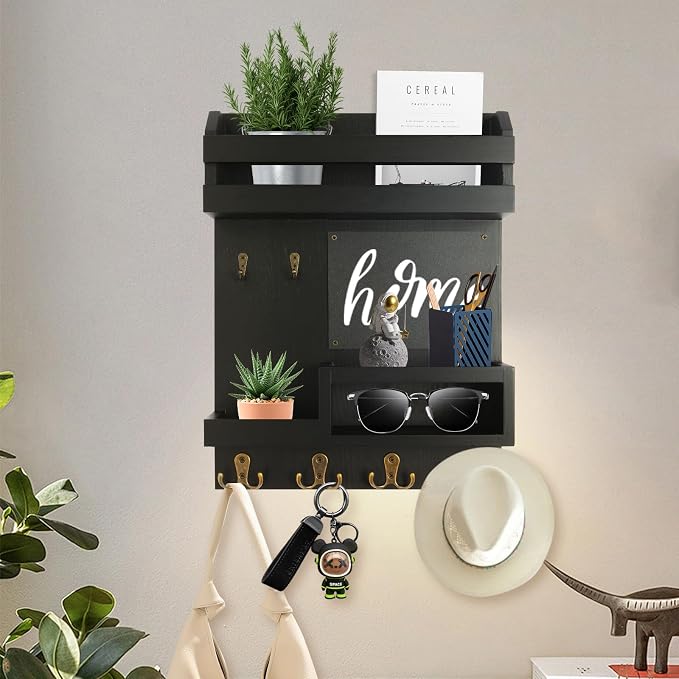 Large Key and Mail Holder Wall Mount, 12.5x16.5 Inch Solid Wood Key Racks for Entryway, Front Door, Hallway, Wall Organizer (Matte Black) - Image 7