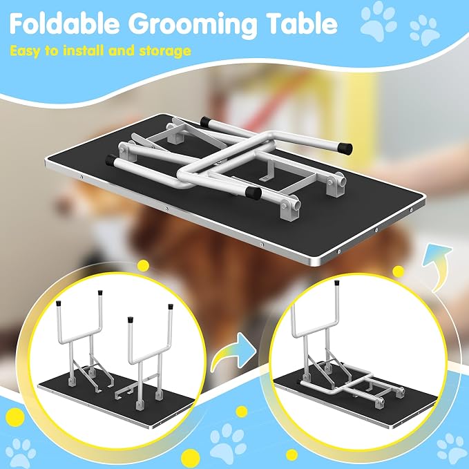 Lyromix 42'' Foldable Dog Grooming Table with Arms/Nooses/Mesh Tray, Black | Stainless Steel Grooming Table for Dogs at Home, Adjustable Pet Bathing Station, Non-Slip Waterproof Tabletop, Capacity 330Lb - Image 5