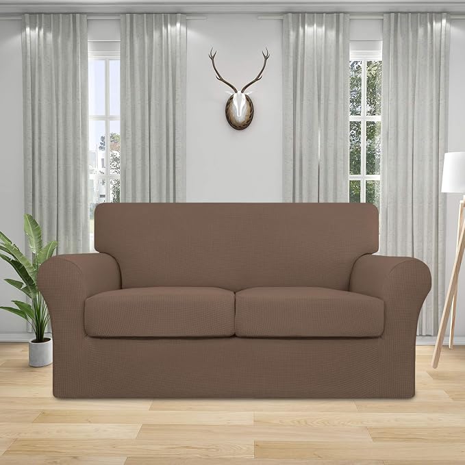 Easy-Going 3 Pieces Stretch Couch Cover Sofa Cover for Dogs Washable Sofa Slipcover for 2 Separate Cushion Couch Spandex Jacquard Fabric Elastic Furniture Protector for Pets, Kids (Brown, Loveseat) - Image 2