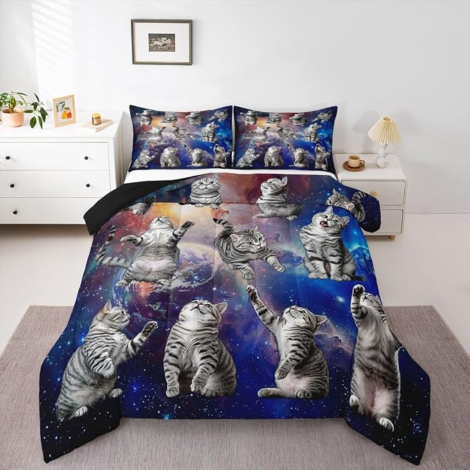 Feelyou Cute Cat Comforter Set Galaxy Cats Pattern Bedding Set for Kids Boys Girls 3D Animal Outer Space Comforter Feline Animal Grey Blue Decor Quilt Set Bedroom Collection 2Pcs Twin Size - Image 4