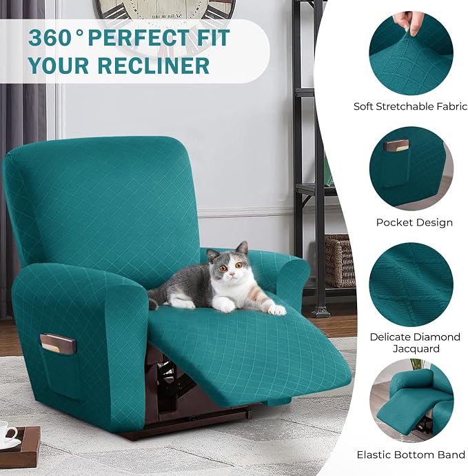 vctops Diamond Recliner Cover 4-Pieces Recliner Stretch Sofa Slipcover 1 Seater Couch Protector Soft Solid Furniture Protector Covers with Elastic Strap (Teal,1 Seat) - Image 4