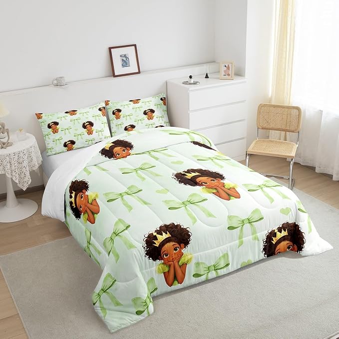 Manfei Cute Princess Comforter Set Full Size,Green Bowknot Marble Paint Bedding Set 3 Pcs for Teens Young,Fairy Tale Black Skin Girl Frog Crown Down Comforter,Green Duvet Insert,2 Pillowcases - Image 4