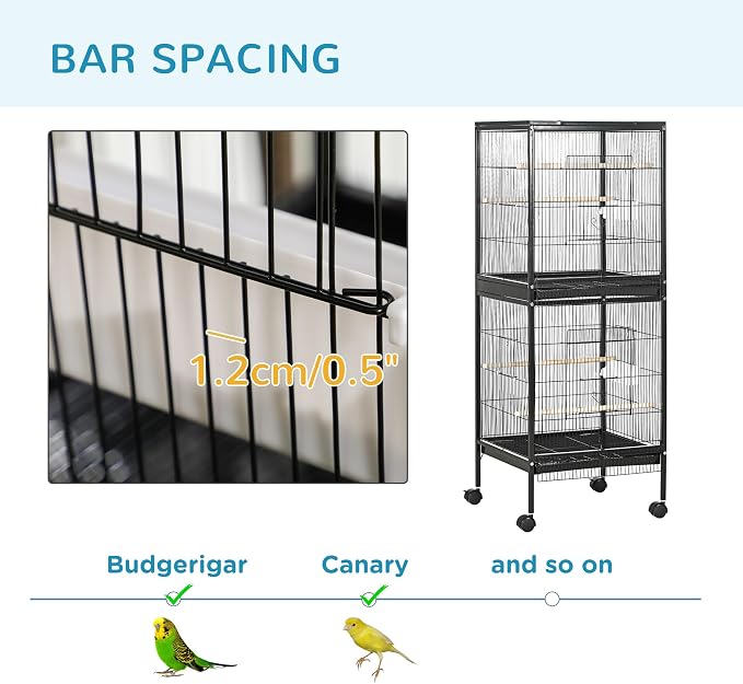 PawHut Large Bird Cage 1.7 ft. Width for Wingspan 55", Black | Bird Aviary Indoor, Multi-Door Design, Fit for a Canary, Finch, Conure - Image 6