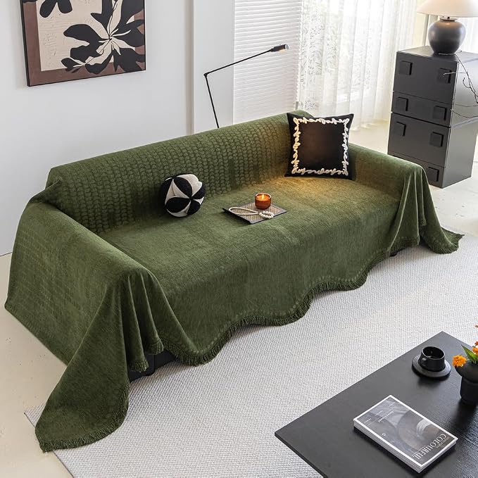 ROOMLIFE Green Couch Cover Sofa Covers, Chenille Couches Covers for 3 Cushion Sofas, Non Slip Soft Breathable Sofa Slipcovers for Pet, Washable Furniture Protector with Tassel,71''X134” - Image 8