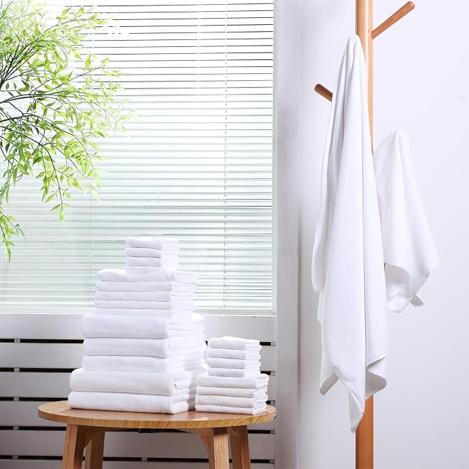 Mixweer 24 Piece White Microfiber Absorbent Towel Set: 2 Oversized Bath Sheets, 4 Bath Towels, 6 Hand, 8 Washcloths, 4 Fingertip for Bathroom Spa Gym Camping Beach - Image 2