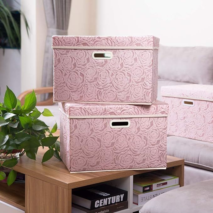 PRANDOM Large Foldable Storage Boxes with Lids [5-Pack] Fabric Decorative Storage Bin Cubes Organizer Containers Baskets with Cover Handles for Bedroom Closet Nursery Pink 17.7x11.8x11.8 Inch - Image 2