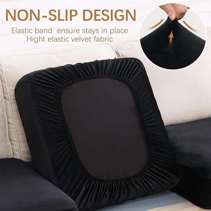 hyha Velvet Couch Cushion Covers, Sofa Covers for Cushion Couch Washable | Soft Plush Sofa Slipcover, Elastic Bottom, Non-Slip Wear Resistant Furniture Protector, Ideal For Pets & Kids, Chaise - Image 2
