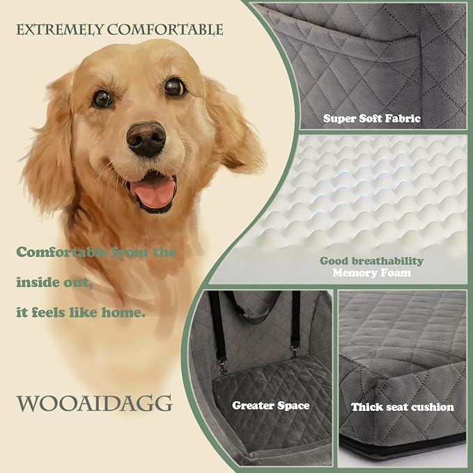 WOOAIDAGG Dog Car Seat for Medium Sized Dog,Pet Travel Car Bed with Seat Belt Channle,Fully Detachable and Washable Car Dog Seat with Adjustable Straps,3 Straps Easy to Install (Grey) - Image 4
