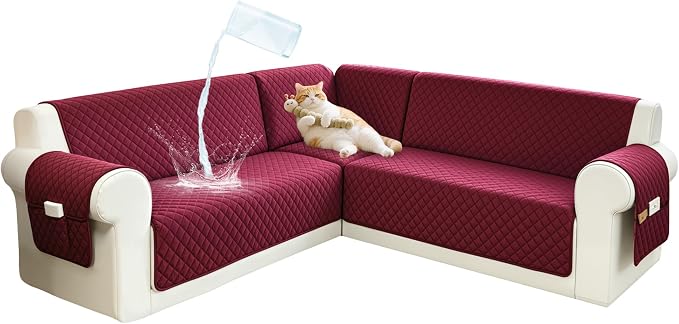 Sectional Couch Covers for Dogs 100% Waterproof Corner L Shaped Sofa Cover Pet Friendly Velvet Washable Anti Slip L Shape Modular Sofa Slipcover Protector with Pockets (Red, XX-Large) by SYJOVIA