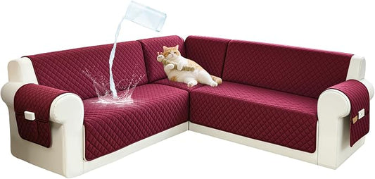 Sectional Couch Covers for Dogs 100% Waterproof Corner L Shaped Sofa Cover Pet Friendly Velvet Washable Anti Slip L Shape Modular Sofa Slipcover Protector with Pockets (Red, XX-Large) by SYJOVIA