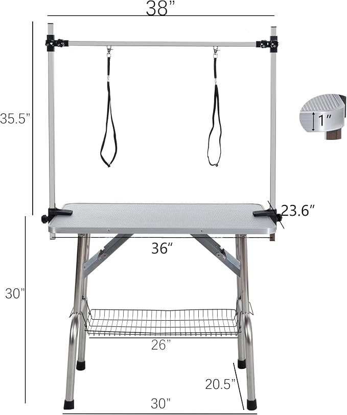 36" Dog Grooming Table Foldable Pet Grooming Tables with Adjustable Arm Noose Storage Mesh Tray Maximum Capacity Up to 330lbs Silver Gray - Image 2