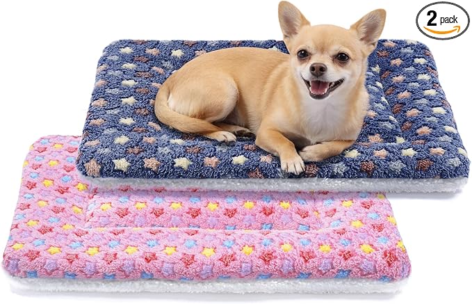 Mora Pets Dog Bed Crate Pad Ultra Soft Pet Bed with Cute Star Print Washable Reversible for Large Medium Small Dogs 21 x 12 inch 2 Pack Pink and Dark Blue by MoraPets
