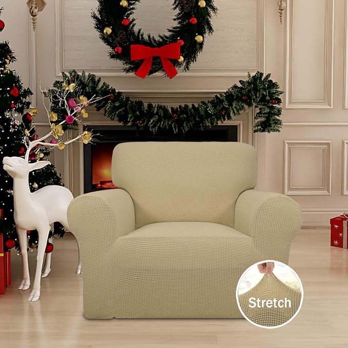 Easy-Going Stretch Chair Slipcover with Arm Washable Beige | 1-Piece Couch Sofa Cover Furniture Protector for Living Room Soft with Bottom For Kids, Pet. Spandex Jacquard - Image 3