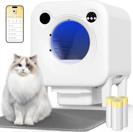 Automatic Litter Box, 4 in 1 Security-System Self Cleaning Litter Box Robot, 75L+12L Extra Large Space for Multiple Cats, APP Control, 1 Free Cat Litter-Mat, 3 Rolls Cats Waste Bag Liners by DJDUCK