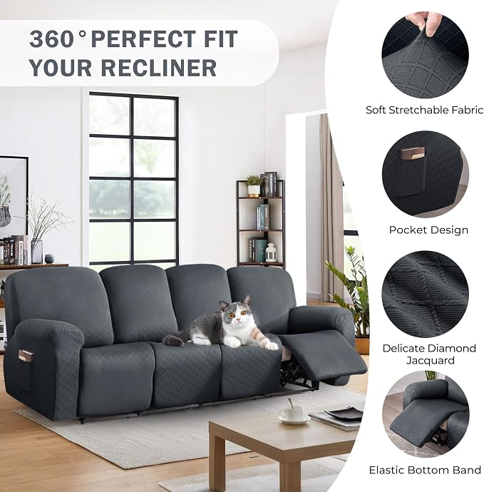 vctops Diamond Recliner Sofa Covers 10-Pieces Stretch Large RV Couch Covers for 4 Seats Reclining Slipcovers Soft Solid Furniture Protector (Grey,4 Seat) - Image 4