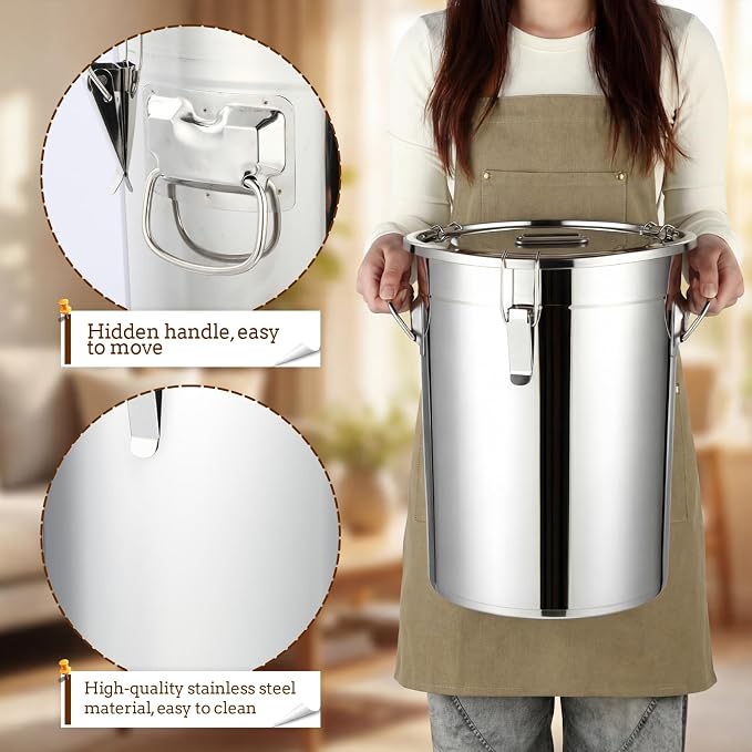 Lounsweer 2 Pack 7 Gal Stainless Steel Dog Food Storage Container with Lid and Locking Clamp 28 L Metal Airtight Container Large Stainless Steel Bucket with Food Scoop for Pet Feed - Image 7