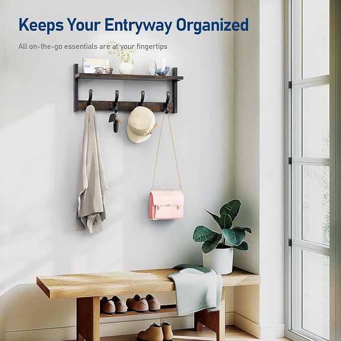 Tatub 20" Rustic Coat Rack Wall Mount with Shelf, Wall Hooks with Shelf, Heavy Duty Entryway Organizer Hangers for Hanging, Hat, Bag, Jacket for Bathroom, Living Room, Bedroom, Rustic Brown - Image 5