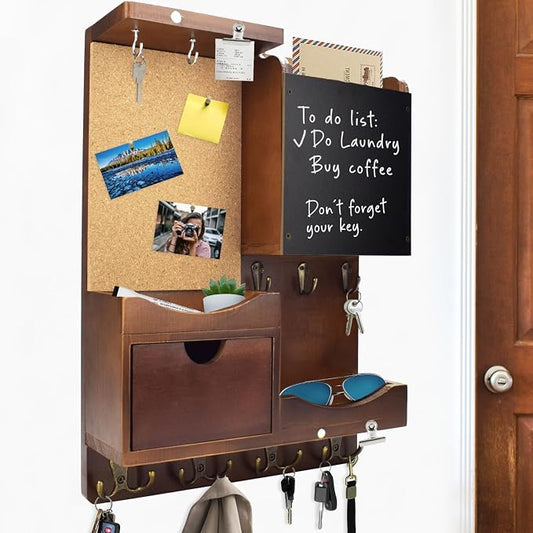 Key Holder Wall Mount， Mail Organizer Key Holder for Wall with Shelf, Drawer, Chalkboard, Corkboard, Home Decor Wall Mounted for Room Entryway(Vintage Brown) by HEKOOLA