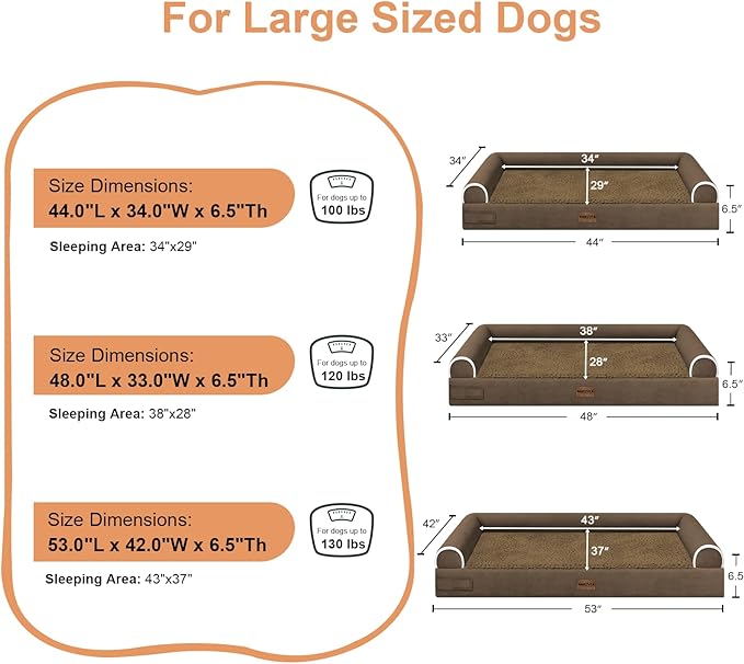 NANUYA Orthopedic Dog Bed for XX-Large Dogs, 44 x 34 Inch, Dark Coffee | Egg crate foam for joint support, 3-sided bolster pet sofa, waterproof lining, washable cover, and non-skid base - Image 6