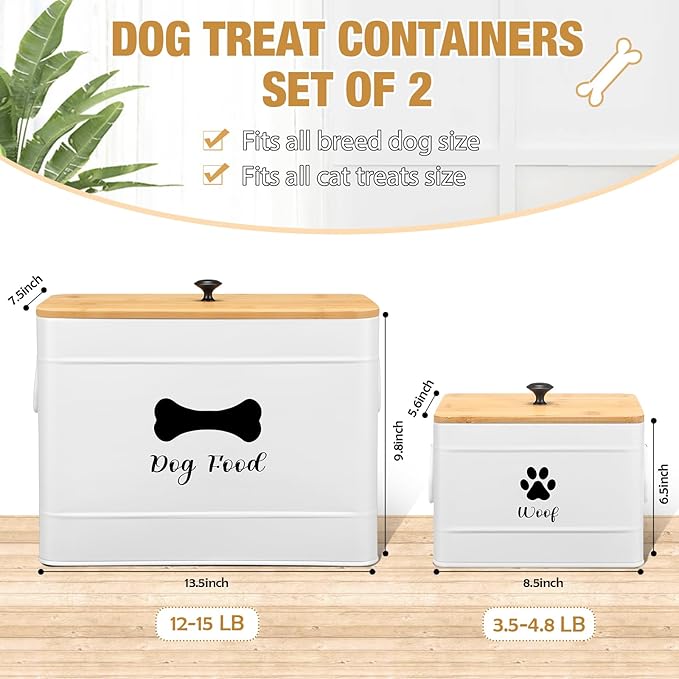Newtay 2Pcs Extra Large Metal Dog Food Containers Airtight 12 & 3.5 Lbs Dog Treat Snack Jars Set of 2 with Bamboo Lids and Spoons Farmhouse Big Pet Cookie Storage Jars for Kitchen Counter Gift (White) - Image 2