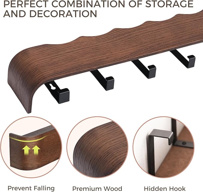 Coat Rack Wall Mount with Shelf Entryway Shelf Modern Key Holder Hanger Wall Shelves with Hidden Hooks for Hanging Towels Coats Hats Bags for Hallway Bathroom Bedroom(Wavy Walnut Color, 5 Hooks) - Image 5