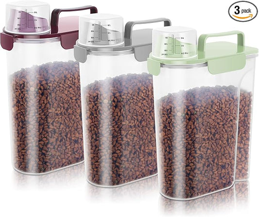 5-7Lbs Portable Cat Dog Food Storage Container with Upgraded Large Spout and Cup Dispenser for Small Large Animal Kibble, Pet Bird snack, Oatmeal, Rice, Flour, Brown Sugar-3 Pack (Purple Gray Green) by LEAWALK
