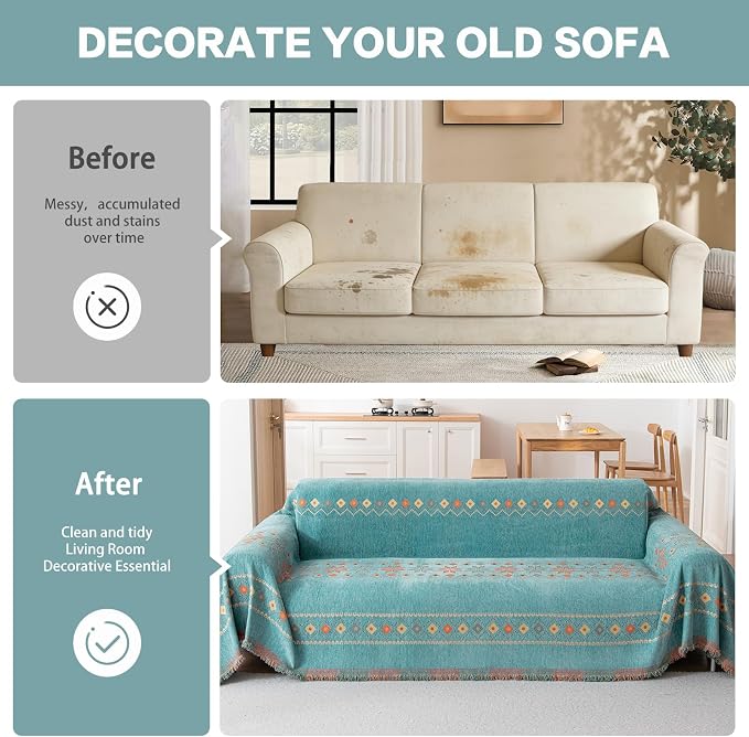 DREAMINGO Teal Boho Couch Cover Jacquard Chenille Sofa Covers Washable 3 Seater Sofa Protector for Pets Kids Modern Bohemain Sectional Couch Slipcovers for Living Room, 71"x134" - Image 4