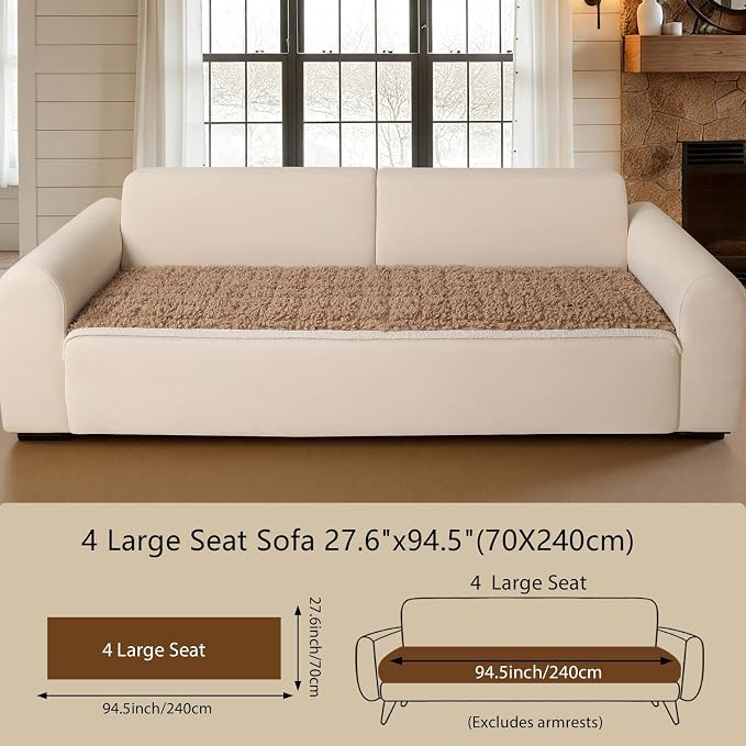 OHSIO Couch Cover for Pets, Washable Non-Slip Sofa Cover Pet Friendly, Soft Fuzzy Teddy Fleece Sofa Slipcover for 4 Cushion Sofa Furniture Protector (Light Brown, 27.6" x 94.5") - Image 2