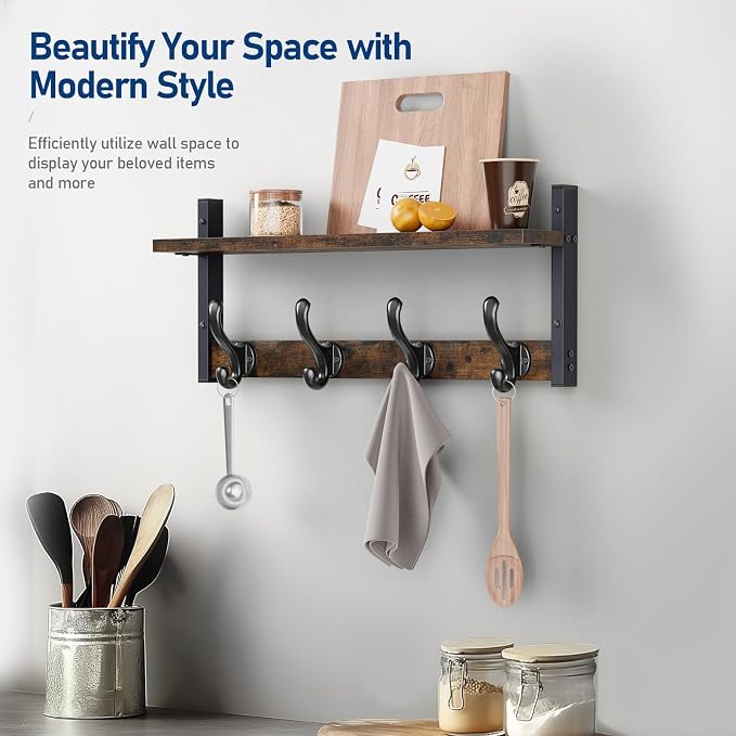 Tatub 20" Rustic Coat Rack Wall Mount with Shelf, Wall Hooks with Shelf, Heavy Duty Entryway Organizer Hangers for Hanging, Hat, Bag, Jacket for Bathroom, Living Room, Bedroom, Rustic Brown - Image 7