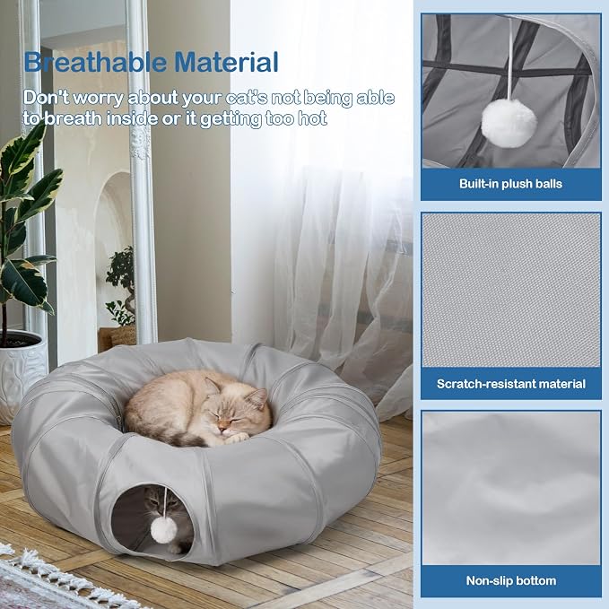 Cat Tunnel Bed with 2Pcs Interactive Toys, 3-in-1 DIY Collapsible Plush Cat Tube with Washable Mat, Large Indoor Play Tunnel Cave for Kittens and Small Animals - Image 5