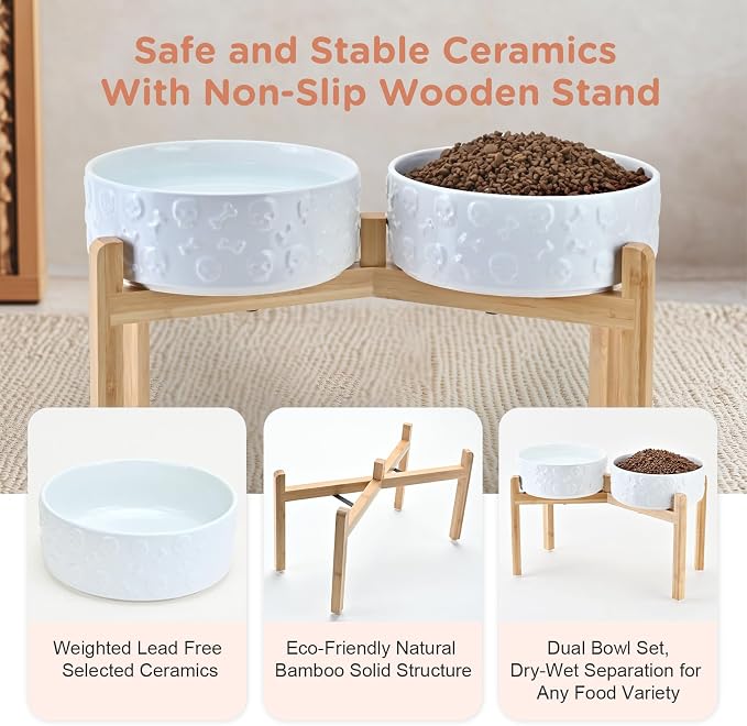 SPUNKYJUNKY Elevated Dog Bowls Ceramic, 8.3'' Dogs Food Water Bowls Raised with Non-Slip Bamboo Stand for Large Sized Breed Microwave Dishwasher Safe - 60 OZ,Skull White - Image 6