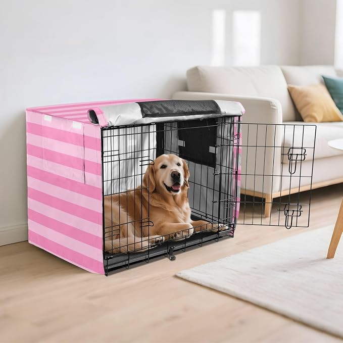 Dog Crate Cover Kennel Cover for Dog Cages Breathable for Wire Cage Indoor Outdoor Pink Stripes - Image 6