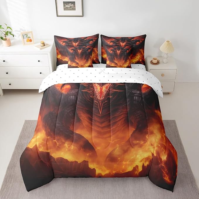 Dragon Twin Comforter Set in a Bag - 7 Pcs (1 Comforter, 1 Flat Sheet, 1 Fitted Sheet, 2 Pillowcases, 2 Pillow Shams) with Fire Dragon Pattern by Erosebridal