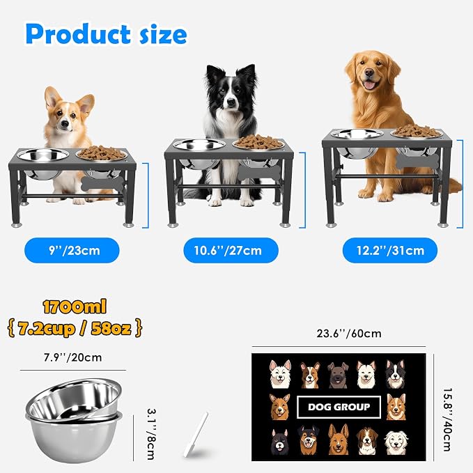 SHAINFUN Elevated Dog Bowls with Mat for Medium Large Dogs, Raised Dog Bowl Stand with 2 Stainless Steel 58oz Bowls, Tall Dogs Food Water Bowl Holder - Image 3