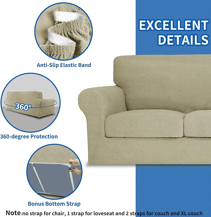 MAXIJIN 4 Piece Couch Covers for 3 Cushion Couch Sofa Covers, Stretch Couch Slipcovers for Sofas with 3 Cushions, Thick 3 Seat Furniture Protector for Dogs Pet (71"-91", Khaki) - Image 4