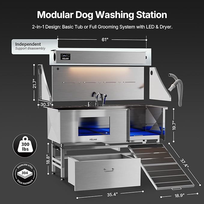 POLIMO Dog Washing Station with Built-in Pet Dryer and LED Display 61" (Right Ramp), 304 Stainless Steel Dog Bathtub for Large Medium Small Dogs, Wash and Dry Grooming Tub with Faucet, Storage Drawer - Image 4