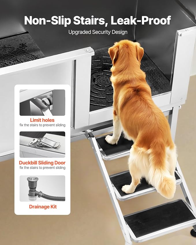 VEVOR Stainless Steel Dog Washing Station, 62 inch Pet Grooming Tub w/Stairs, PE Water Filter Board, Faucet & Showerhead & Soap Holder Dog Bathtub for Large & Medium & Small Pets (Right Door) - Image 3