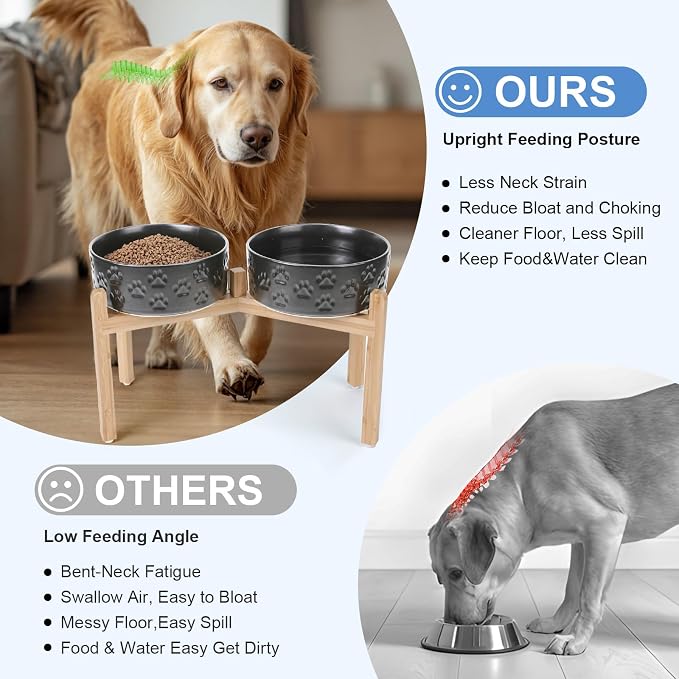 SPUNKYJUNKY Elevated Dog Bowls Ceramic, 8.3'' Dogs Food Water Bowls Raised with Non-Slip Bamboo Stand for Large Sized Breed Microwave Dishwasher Safe - 60 OZ,Paw Black - Image 3