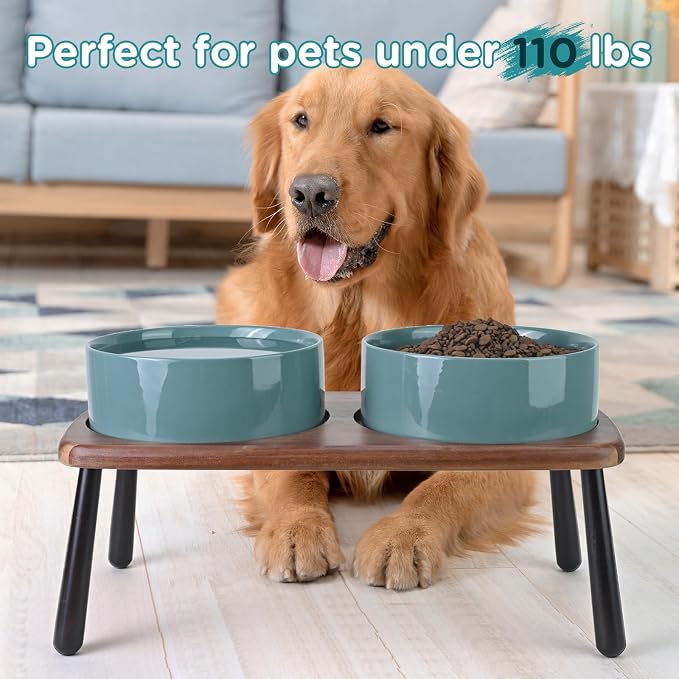 SPUNKYJUNKY Ceramic Elevated Dog Bowls Raised with Acacia Bamboo Wooden Stand, 8.3'' Dog Food Water Bowls Set Non-Slip for Medium Large Sized Breed Microwave Dishwasher Safe - 60 OZ,Dark Green - Image 7