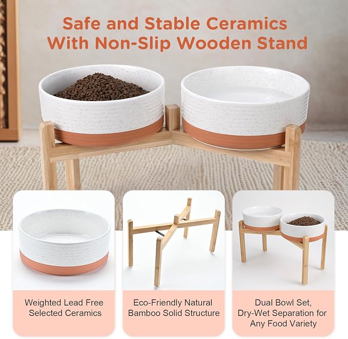 SPUNKYJUNKY Elevated Dog Bowls Ceramic, 8.3'' Dogs Food Water Bowls Raised with Non-Slip Bamboo Stand for Large Sized Breed Microwave Dishwasher Safe - 60 OZ,Pattern White - Image 6