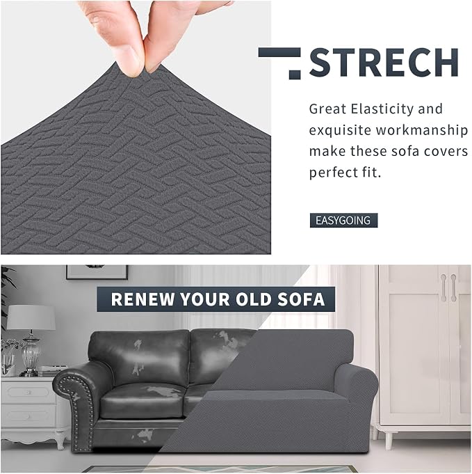 Easy-Going Stretch Jacquard Couch Cover, 1-Piece Soft Sofa Cover, Sofa Slipcover with Anti-Slip Foams, Washable Furniture Protector for Kids, Pets (Sofa, Gray) - Image 3