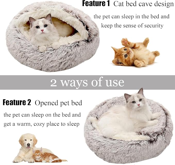Keep Warm Lapcatz Nest Bed, Cat Bed Round Fluffy Hooded Cat Bed Cave, Anti-Slip Bottom and Machine Washable,Removable Washable Round Beds for Small Medium Pets (Grey,70cm/27.5inch) - Image 4