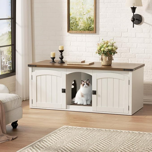 Halitaa Double Cat Litter Box Enclosure, Hidden Litter Box Furniture for 2 Cats, Farmhouse Cat House with Scratch Pad for 2 Litter Boxes, Wooden Enclosed Litter Box Furniture, Entryway Bench, White by Halitaa