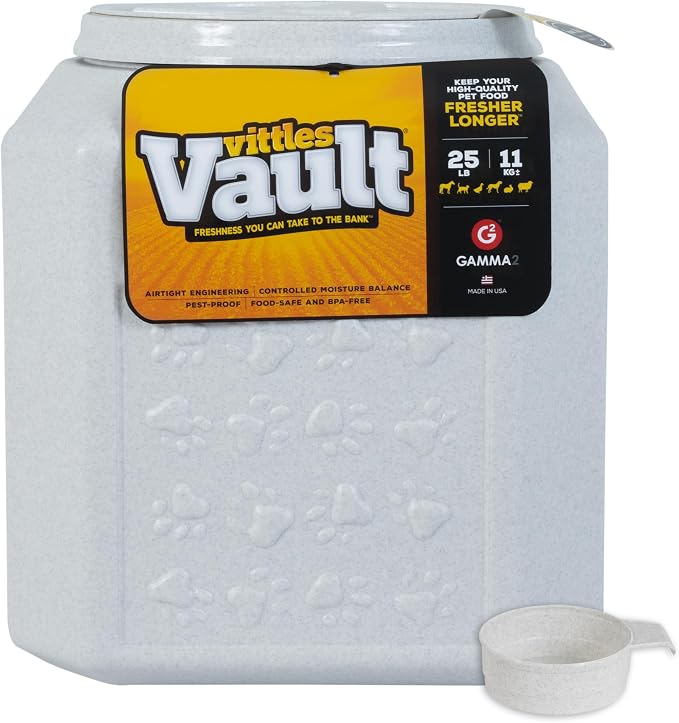 Vittles Vault Pawprint Pet Food Storage Container For Dog Food, Kibbles/Bird Seed/Oatmeal/Rice/Flour/Cereal, BPA Free, Plastic, Sealed Airtight For Cat Food, Up To 25 lb, Made in USA, With Scoop, Gray by Gamma2